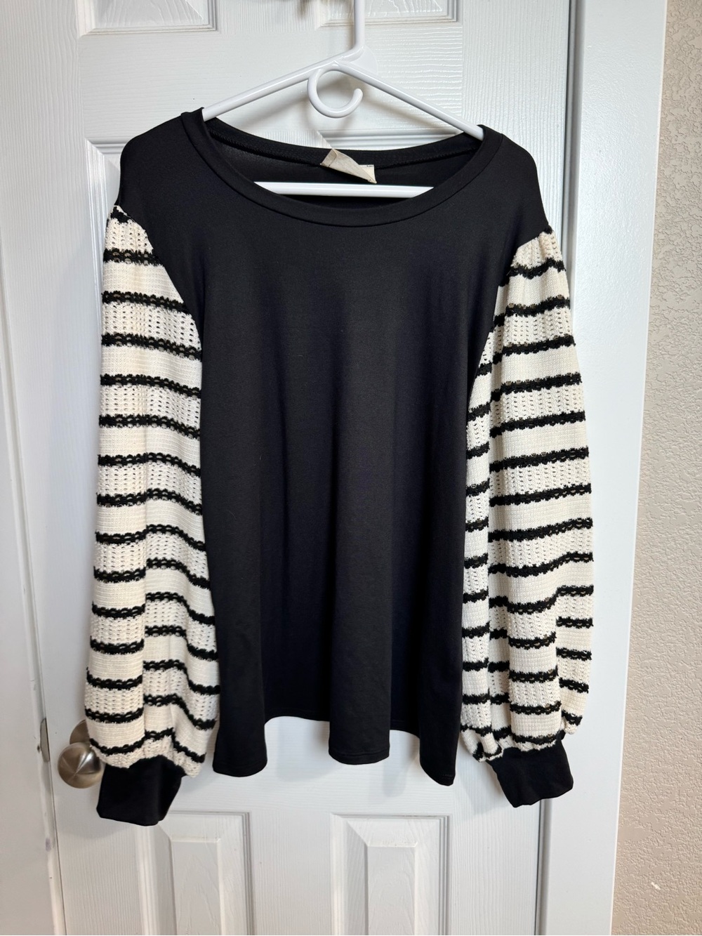 Black Top with Striped Cream & Black Balloon Sleeves